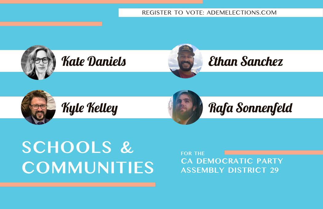 Vote for Kate Daniels, Kyle Kelley, Ethan Sanchez, and Rafa Sonnenfeld for the California Democratic Party in AD29